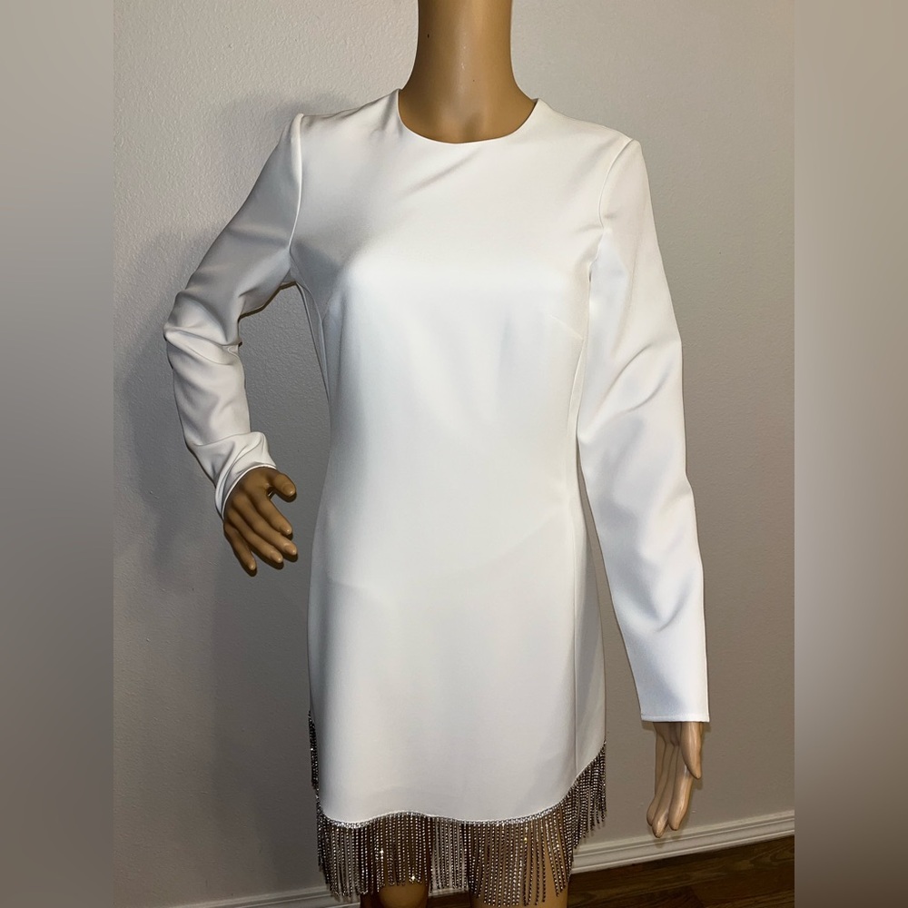 Gianni Bini White Long-Sleeve Shift Dress with Fringe Hem